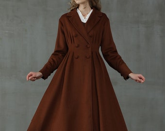 Wool Coat in Dark Brown, Double breasted wool coat jacket,  Flared Wool Midi Coat, 100% wool coat, winter coat, qoolcoat, 1950 coat