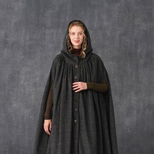 Hooded Wool Cloak Coat in DarkGray, Maxi Hooded wool cloak, renaissance cloak, witch cloak, full circle cape cloak, winter coat | Linennaive