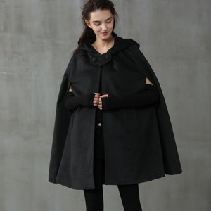 Black Hooded Wool Coat ,wool Cloak Cape, Wool Women Wool Winter Coat ...