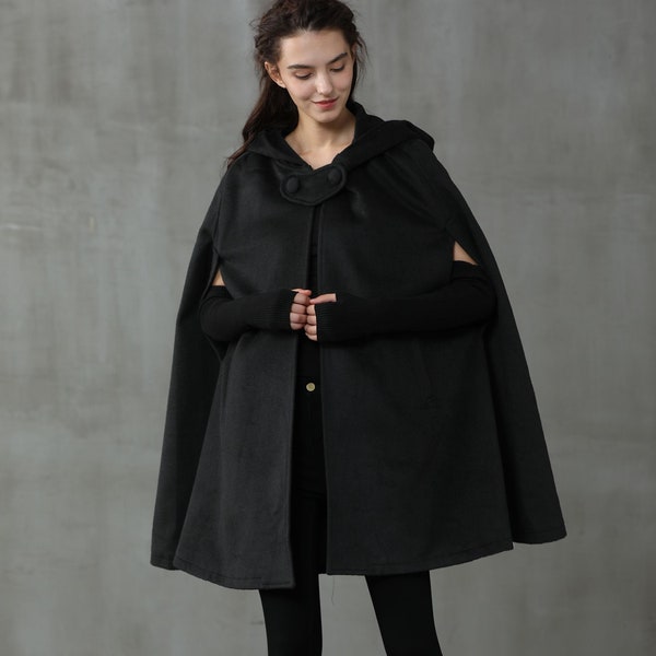 Black Hooded Wool Coat ,wool Cloak Cape, wool Women Wool Winter Coat Long Jacket, Christmas Gift Coat, Black woolCoat Cape Cloak