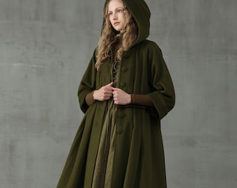 hooded wool coat jacket in moss green, retro hooded wool coat, long coat, wool coat, winter coat | Linennaive