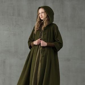 hooded wool coat jacket in moss green, retro hooded wool coat, long coat, wool coat, winter coat | Linennaive