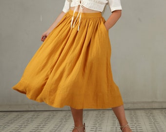 PLUS SIZE linen skirt in yellow and ashed lilac, linen skirt, a line skirt,  retro skirt, winter skirt,  flared skirt, 1950 skirt