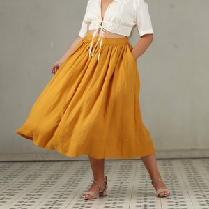 PLUS SIZE linen skirt in yellow and ashed lilac, linen skirt, a line skirt, retro skirt, midi skirt, flared skirt, 1950 skirt image 7