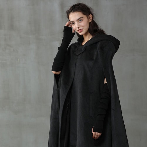 Black Hooded Cape Coat Winter Wool Cloak Knit Kimono - Etsy