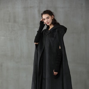 Black Hooded Wool Coat Cloak, Maxi Hooded Wool Coat Cloak, Maxi Cape, Hooded Cape, Wool Hooded Cloak Linennaive cloak