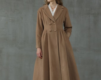 Double breasted wool coat jacket,  Wool Coat in Burlywood, Flared Wool Midi Coat, 100% wool coat, winter coat, 1950 coat