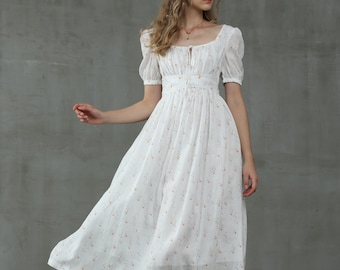 floral linen dress, daisy linen dress, white linen dress, princess linen dress | Linennaive