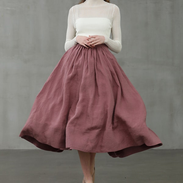 ashed lilac midi linen skirt, a line skirt, pleated flared skirt, 1950 skirt  | Linennaive