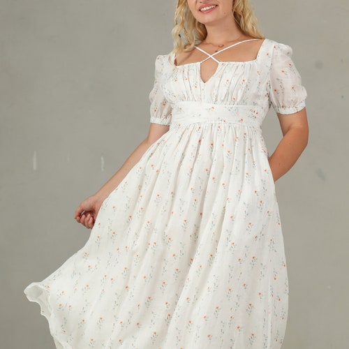 Floral Linen Dress Regency Dress Empired Waist Dress Flared - Etsy