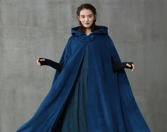 Maxi Hooded Wool Coat Cloak, 100% Wool coat, Maxi Cape, Hooded Cape, Wool Hooded Cloak In Green,Black, Grey Linennaive cloak