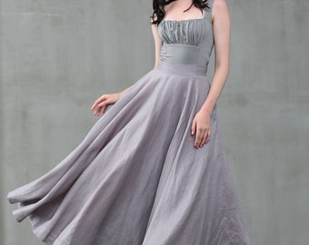 jupe maxi, jupe en tulle, jupe en lin, jupe gris argenté, jupe demoiselle d’honneur, jupe de bal, jupe de fête, jupe circulaire, jupe en soie| Linennaive