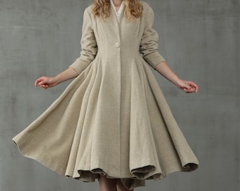 Wool Coat in Floralwhite, Flared Wool Midi Coat, 100% wool coat, beige end brown coat, winter coat, wool coat, 1950 coat