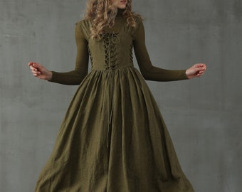 Corset Linen Dress in Dark Green, Front Lace-up Dress, Mid calf Dress, Cocktail Dress | Linennaive