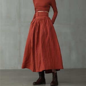 girdle linen skirt in dark red, linen skirt, maxi skirt,  a line skirt,  retro skirt, winter skirt,  flared skirt, 1950 skirt