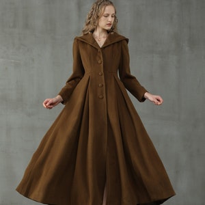 hooded maxi wool coat, retro hooded wool coat, maxi camel coat, wool coat, vintage coat, winter coat, fit and flare coat