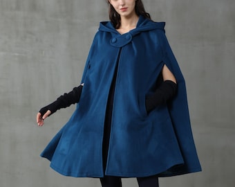 blue wool cape, oversized hooded cape, hooded wool cape, hooded wool cloak, long wool coat, pink coat, wool poncho