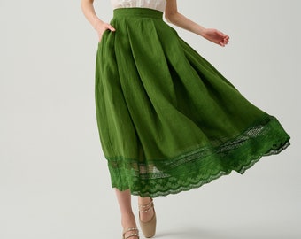 Jupe en lin brodé de dentelle en vert, jupe A-line, jupe vintage, jupe en lin évasée, jupe d'été, jupe midi | Linnaïf