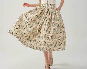 Daisy linen Skirt, floral skirt, 3D Flower Embroidery skirt, midi skirt, A line skirt, pleated flared skirt, 1950 skirt  | Linennaive