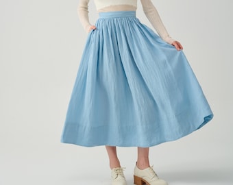 Jupe en lin bleu midi, jupe ligne A, jupe évasée plissée, jupe en lin ceinture, jupe 1950, jupe rétro | Linnaïf