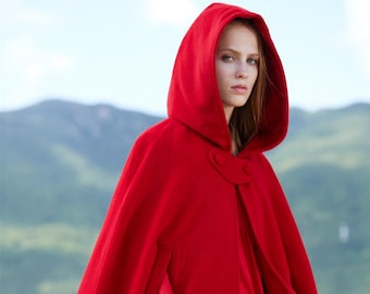 red hooded coat, wool coat, wool coat, red coat, hooded jacket,  hooded cape, hooded cloak, wool cloak, red coat | Linennaive