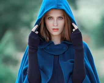 blue wool cape, oversized hooded cape, hooded wool cape, hooded wool cloak, long wool coat, pink coat, wool poncho, medieval cloak