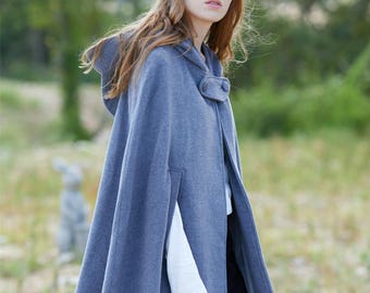 gray wool coat, cashmere coat, wool cloak in gray, wool cape, short coat, wool poncho, 100% wool coat, winter coat, hooded coat, hooded cape