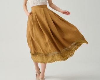 Lace Linen skirt in Brown, A-line skirt, vintage skirt,  flared linen skirt, summer skirt, midi skirt | Linennaive
