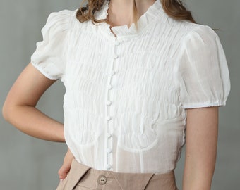 smocked linen blouse in white, puff-sleeve ruffled blouse, short sleeved  blouse, victorian blouse, button-front linen shirt | Linennaive