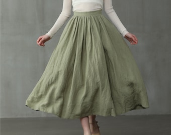 Green midi linen skirt, a line skirt, pleated flared skirt, 1950 skirt  | Linennaive