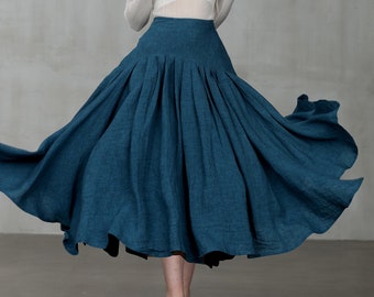 heavy linen skirt, peacock blue skirt, heavy linen skirt, flared skirt, midi skirt, full skirt, pleated skirt, winter skirt  | Linennaive