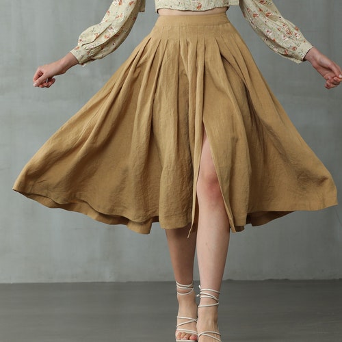 front-slit linen skirt in gold, pleated linen skirt, flared linen skirt, retro linen skirt, A line linen skirt | Linennaive