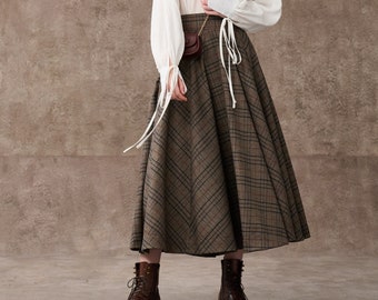 Tartan Wool Skirt in brown, Maxi Wool Skirt, Vintage Wool Skirt, High waist skirt, A Line Wool Skirt with Pockets | Linennaive