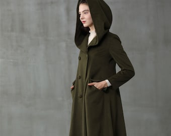 double breasted wool coat, retro hooded wool coat, long coat, cashmere wool coat, vintage coat, winter coat, fit and flare coat | Linennaive