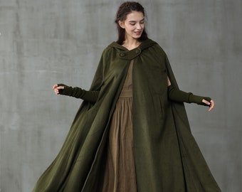 Wool Hooded Coat Cloak, Maxi Hooded Wool Coat Cloak, 100% Wool,  Hooded Cape, Wool Hooded Cloak In Green,Black, Grey Linennaive cloak,