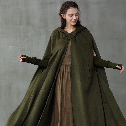 Wool Hooded Coat Cloak, Maxi Hooded Wool Coat Cloak, 100% Cashmere, Hooded Cape, Wool Hooded Cloak in Green,Black, Grey Linennaive Cloak,