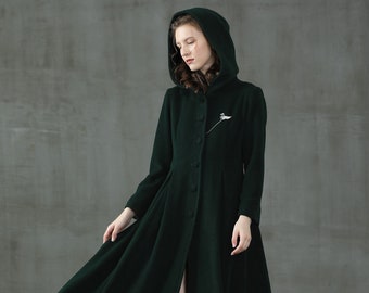 hooded maxi wool coat, retro hooded wool coat, maxi teal coat, wool coat, vintage coat, winter coat, fit and flare coat