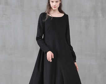 black wool dress, winter dress, little black dress, longsleeve dress, evening dress, wool dress cocktail dress | Linennaive