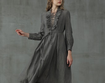 Gray Lace-up Linen Dress, Linen Ruffle Dress, Linen Tunic Dress, Victorian Dress | Linennaive