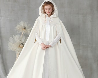 white wool cloak, maxi wedding cloak, hooded cloak, white wedding cloak cape, wool cloak cape,  maxi cloak, bridal cloak | Linennaive