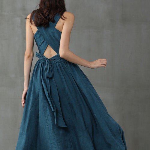 cross back linen dress, maxi linen dress, cocktail dress, sleeveless dress, layered linen dress, halter dress, apron dress | Linennaive