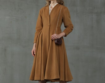 Flared Wool Midi Coat, 100% wool coat, beige end brown coat, winter coat, wool coat, 1950 coat