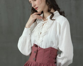 white lace-up linen shirt, ruffled linen shirt, puff sleeve blouse, victorian blouse, longsleeve linen shirt | Linennaive