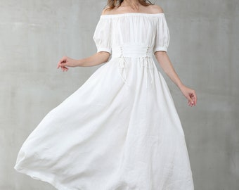 White Maxi Linen Dress, Corset Off Shoulder Dress, Maxi Wedding Dress | Linennaive