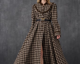 maxi wool coat, houndstooth vintage wool coat, single breasted wool coat, wool winter coat, british style wool coat | Linennaive