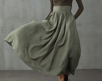 girdle linen skirt in moss green, linen skirt, maxi skirt,  a line skirt,  retro skirt, winter skirt,  flared skirt, 1950 skirt