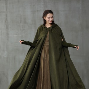 Linennaive cloak, Maxi Hooded Wool Coat Cloak, 100% Wool, Maxi woolCape, Hooded Cape, Wool Hooded Cloak In Green,Black, Grey image 5