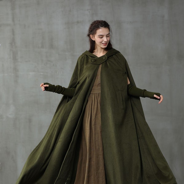 Wool Hooded Coat Cloak, Maxi Hooded Wool Coat Cloak, 100% Wool,  Hooded Cape, Wool Hooded Cloak In Green,Black, Grey Linennaive cloak,