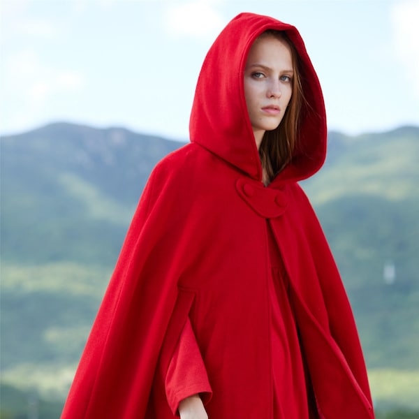 red hooded coat, wool coat, wool coat, red coat, hooded jacket,  hooded cape, hooded cloak, wool cloak, red coat | Linennaive