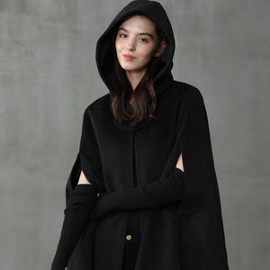 Black Hooded Wool Coat ,wool Cloak Cape, wool Women Wool Winter Coat Long Jacket, Christmas Gift Coat, Black wool Coat Cape Cloak